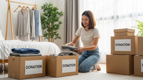 Woman preparing donations with clothes in cardboard boxes. Concept of volunteering, charity, help, and benevolent contribution for movement.