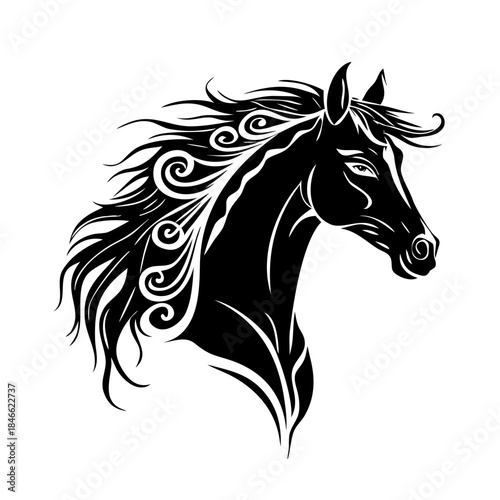 Stylized Horse Head Silhouette with Swirling Mane - Tribal Vector Illustration