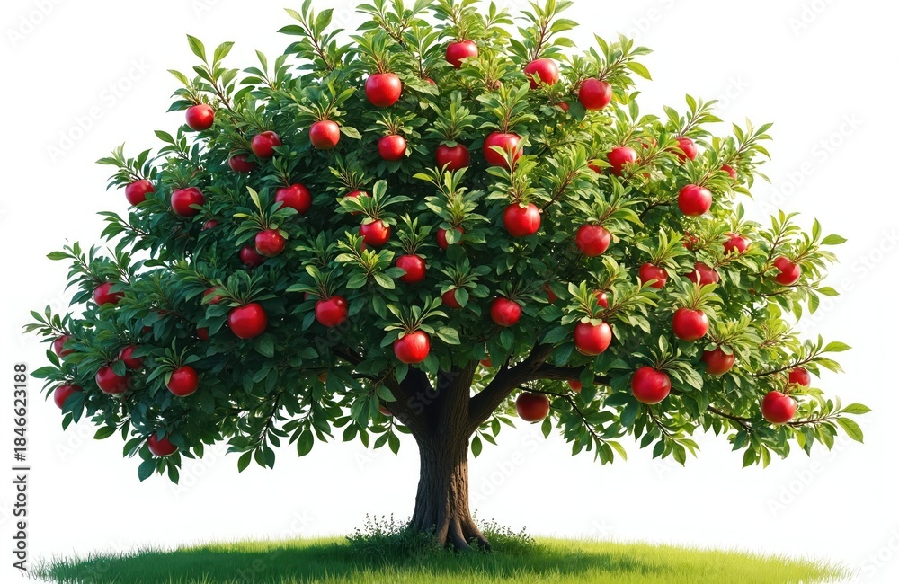 Fototapeta premium Apple tree with red ripe fruits, green leaves standing on grassy ground against white background. Tree with many branches, apples. Branches full of foliage. Tree trunk sturdy brown. Green grass