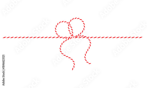 Red and White String Rope with Crossed Bow Isolated on White background. symbolizing gift wrapping, holidays, celebration, and handmade packaging on white  background.