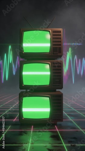 Retro CRT televisions with green screens and neon elements against a synthwave background