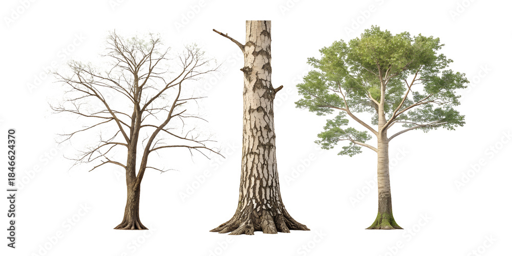 Fototapeta premium Three trees in different stages of life cycle isolated on transparent background