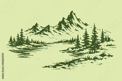 Mountain river landscape vintage engraving style vector illustration
