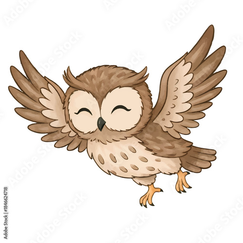 Wise cartoon owl illustration on a branch with a wild brown feather design