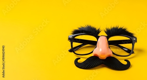 Playful disguised glasses and a fake nose with mustache on a yellow background, perfect for an April Fool's Day prank concept