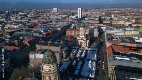 Magical Christmas market at Gendarmenmarkt Berlin. Amazing aerial view drone