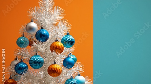 modern aluminum Christmas tree with geometric blue and silver ornaments