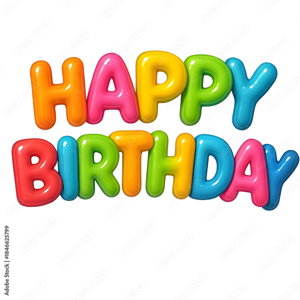 Naklejka premium Happy Birthday text in fun 3D balloon lettering, bright colours, on transparent background.