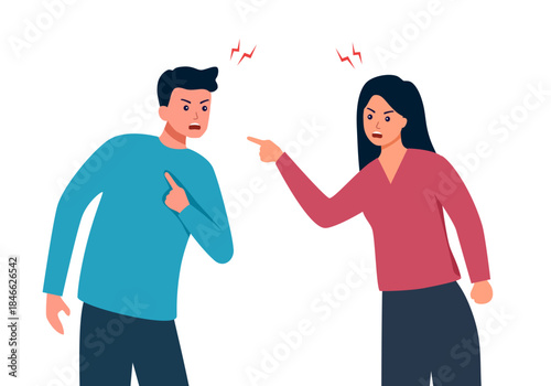 Arguing couple character in flat design on white background. Man and woman yelling at each other.