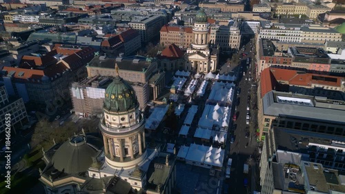 Magical Christmas market at Gendarmenmarkt Berlin. Nice aerial view drone