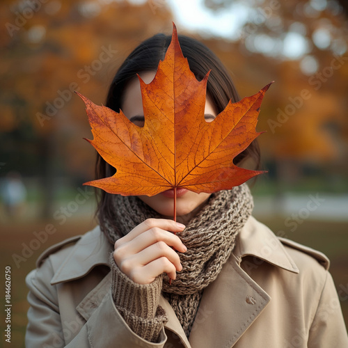 Close up portrait of a female model holding a large, vibrant orange maple leaf directly in front of her face. She is dressed in a cozy beige trench coat and a chunky knit scarf wrapped