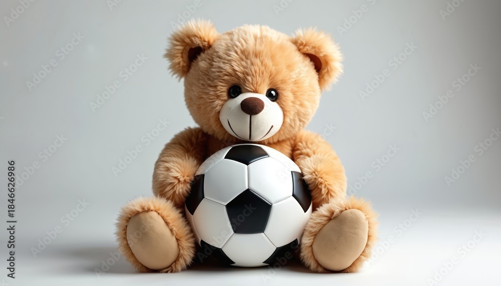 Obraz premium Cute brown teddy bear sits holding black, white soccer ball. Plush toy isolated on clean white background. Represents childhood, sports, children games, gift for football fans. Perfect for kids.