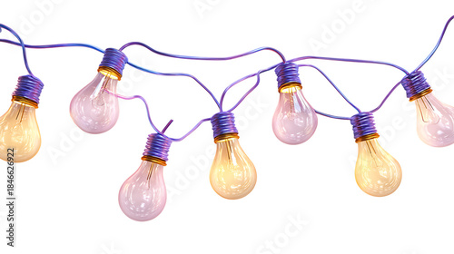 String of vintage Edison bulbs warm glowing lights on a purple cord isolated on white background.