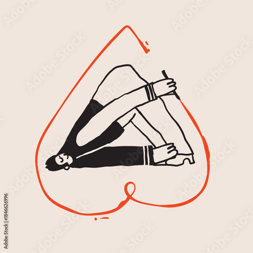 Creative self-care and mental health concept. Abstract characters drawing red hearts around themselves and embracing love with hand-drawn crayon texture lines.