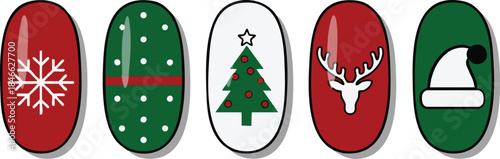 Set of five christmas nail art designs featuring snowflake, polka dots, christmas tree, reindeer head, and santa hat icons in red and green colors