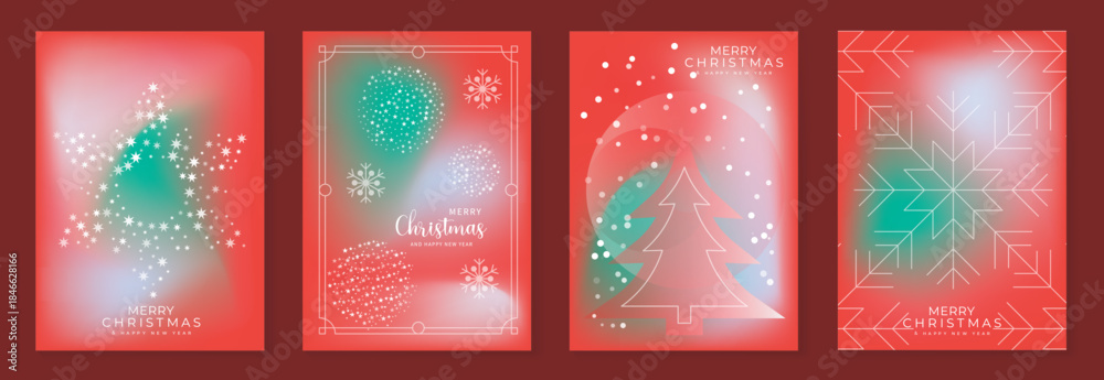 Fototapeta premium Merry Christmas and Happy New Year vector greeting card set with gradient background snowflake and tree elements. Festive modern design for holiday poster banner invitation and background.