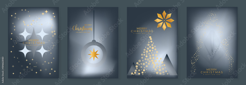 Obraz premium Merry Christmas and Happy New Year vector greeting card set with gradient background snowflake and tree elements. Festive modern design for holiday poster banner invitation and background.