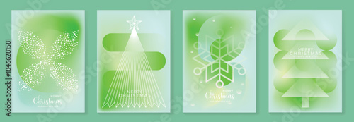 Merry Christmas and Happy New Year vector greeting card set with gradient background snowflake and tree elements. Festive modern design for holiday poster banner invitation and background.