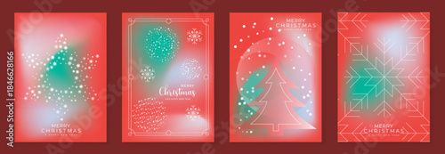 Merry Christmas and Happy New Year vector greeting card set with gradient background snowflake and tree elements. Festive modern design for holiday poster banner invitation and background.
