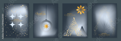Merry Christmas and Happy New Year vector greeting card set with gradient background snowflake and tree elements. Festive modern design for holiday poster banner invitation and background.