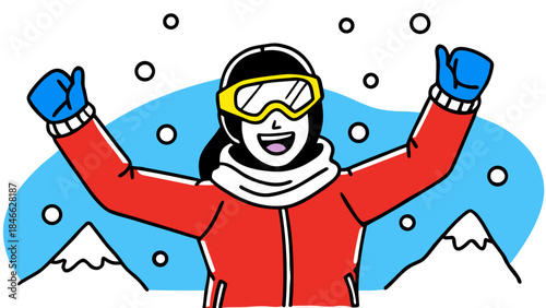 Cheerful skier celebrating on snowy mountain with arms raised high