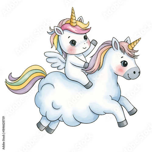 Adorable Flying Unicorns on a White Cloud