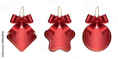 Elegant gift tags with red bows in various shapes, executed in a realistic style, for packaging design, holiday marketing, product branding, retail promotions, and event invitations. Vector image.