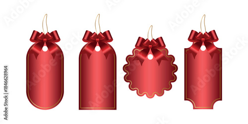 Elegant gift tags with red bows in various shapes, executed in a realistic style, for packaging design, holiday marketing, product branding, retail promotions, and event invitations. Vector image.