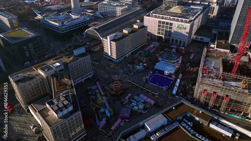Alexanderplatz Christmas market Berlin bustling. Lovely aerial view drone