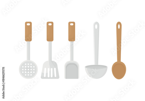 Cooking tools on a white background. Kitchen elements. Ladle, spoon, colander, etc.