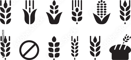 Black icons of wheat and bread for food and agriculture themes
