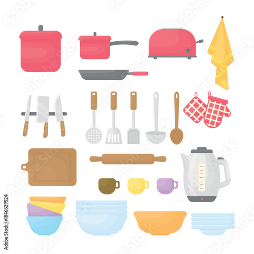 A set of kitchen utensils on a white background. Kitchen elements. A frying pan, a saucepan, dishes, an electric kettle, a towel, and a rolling pin.