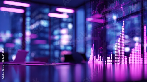 A futuristic workspace illuminated by vibrant purple lights, showcasing digital data visualization against a city backdrop.