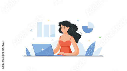Professional woman works on a laptop in a modern flat illustration style with bar chart and pie graph in the background