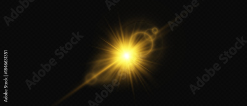 Golden Light Flare Effect Vector Illustration, bright sun rays, shining star, abstract gold explosion with stardust, lens flare, glowing lights, sunbeam template