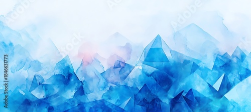 Illustration of abstract blue crystal mountain range landscape with watercolor effect and soft pink accents on a white background