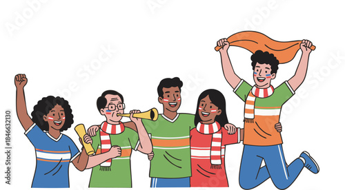 Soccer fans celebrating together with team kits, flags and scarves in a diverse supporter group illustration