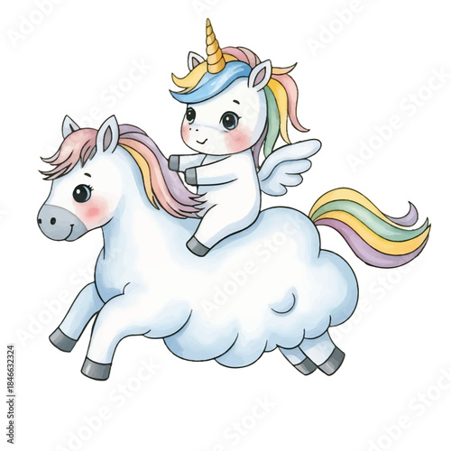 Cute Baby Unicorn Riding a Cloud Horse
