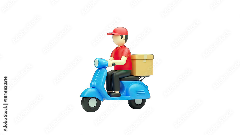 Obraz premium Delivery Man Riding Scooter with Package on White Background