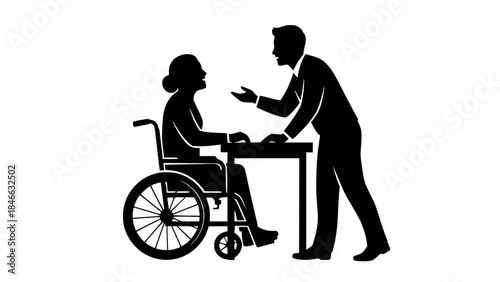 Professional Caregiver Assisting Wheelchair User at Table - Accessible Healthcare Support and Disability Care Service Illustration