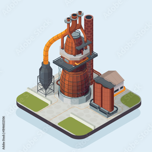 A powerful isometric vector illustration featuring a heavy-duty industrial blast furnace mounted on a solid square stand, set against a vibrant blue background. 