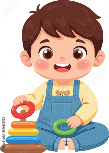 Cute Toddler Boy Learning Playing with Ring Stacker 