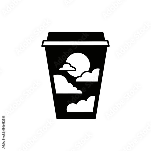 Surreal depiction showcasing coffee cup with dreamy cloudscape and celestial sunscape art graphic