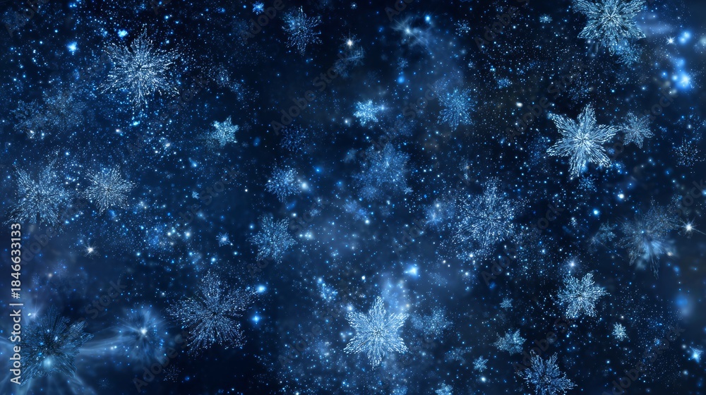 Naklejka premium winter christmas background of Midnight blue starry sky color with glowing constellations shaped like snowflakes, magical cosmic holiday