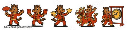 Retro horse mascot celebrating chinese new year with festive poses, traditional costume and holiday symbols