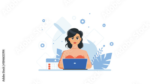 Stylish flat cartoon artwork of a focused woman working from a laptop, with leaves, calendar, and stylish geometric shapes on a light gray