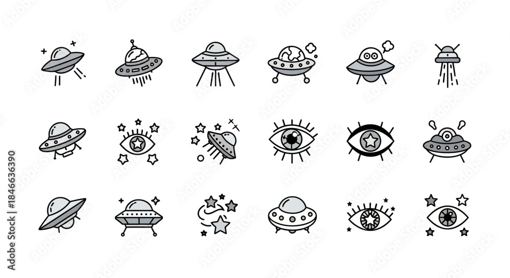 Obraz premium Whimsical UFOs and Eye Icons: A Galactic and Mystical Vector Illustration Set