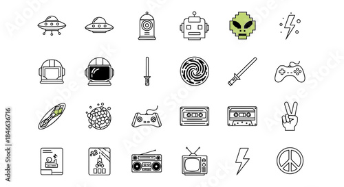 Nostalgic icons illustration showcasing retro pop culture and futuristic themes for creative