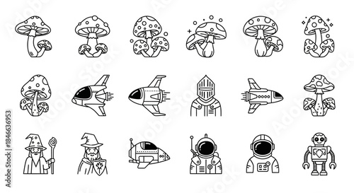 Enchanting world of fantasy and technology represented by creative linear illustrations