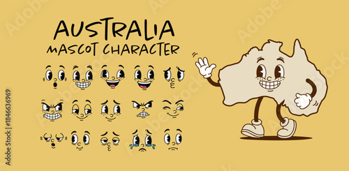 Vintage Australia country map mascot character with cartoon facial expression set